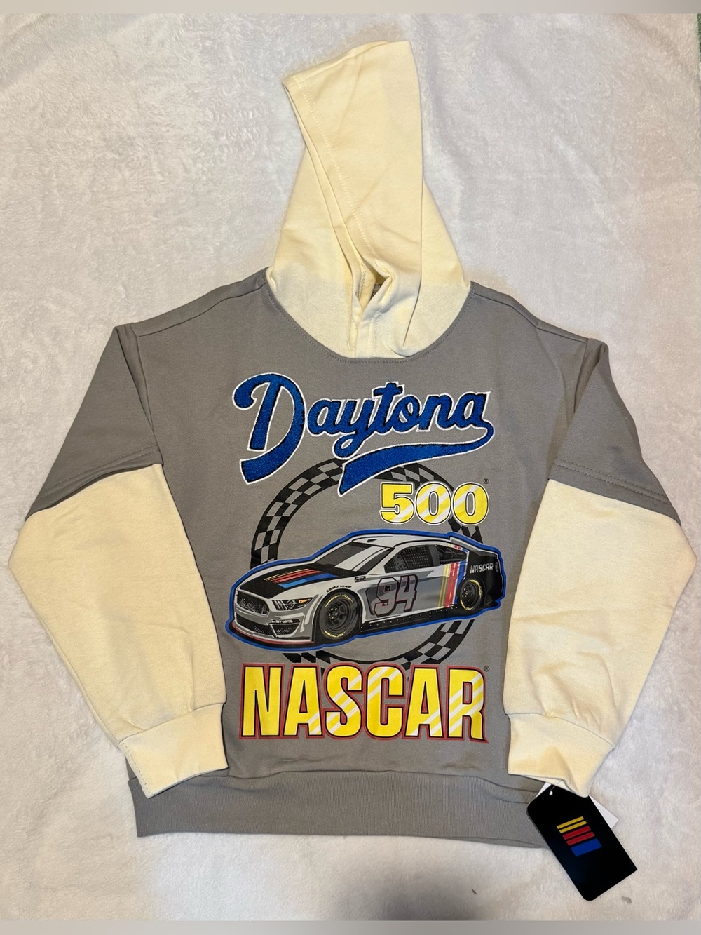 Nascar Daytona 500 Kids Hoodie in Gray and Cream with Bold Race Graphics